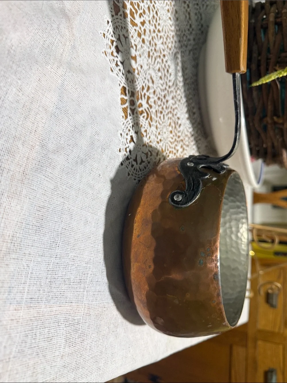 Vtg Hammered Copper Saucepan with Wooden Handle
